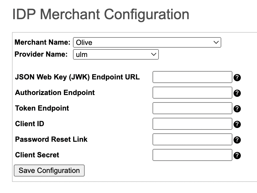 IDP Merchant Configuration Screen- Vindica IDP (ulm)