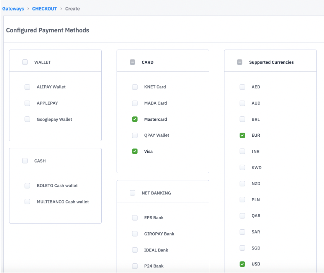 Configured Payment Methods screen in the JusPay portal