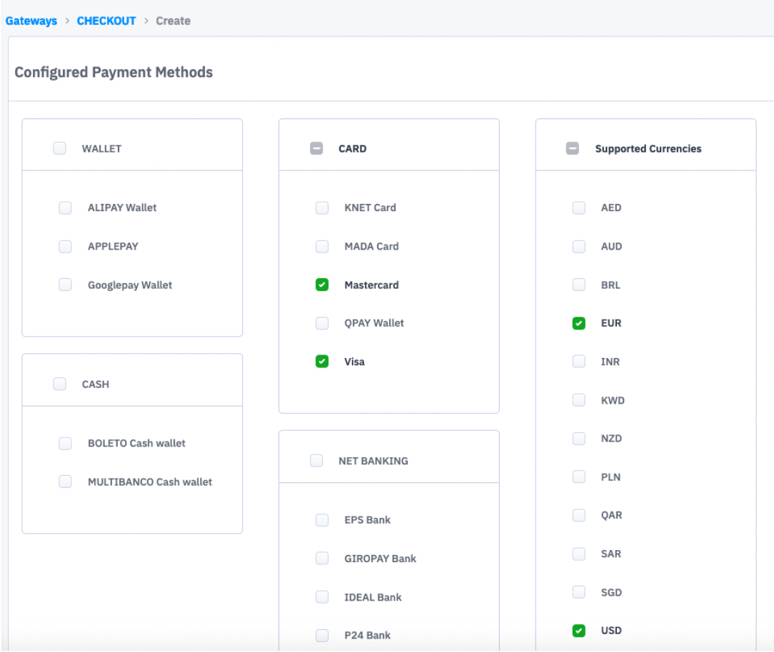 Configured Payment Methods screen in the JusPay portal