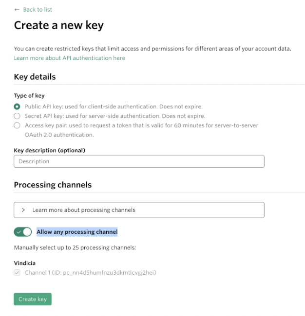 Create New Keys screen in the Checkout.com portal