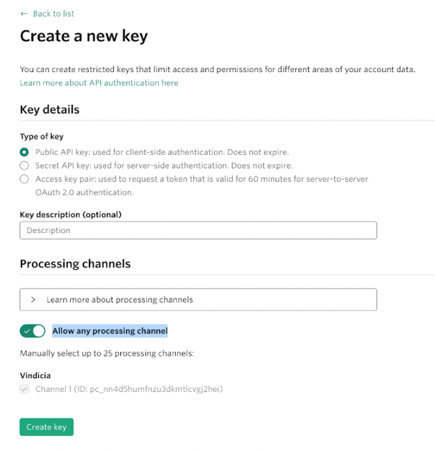 Create New Keys screen in the Checkout.com portal