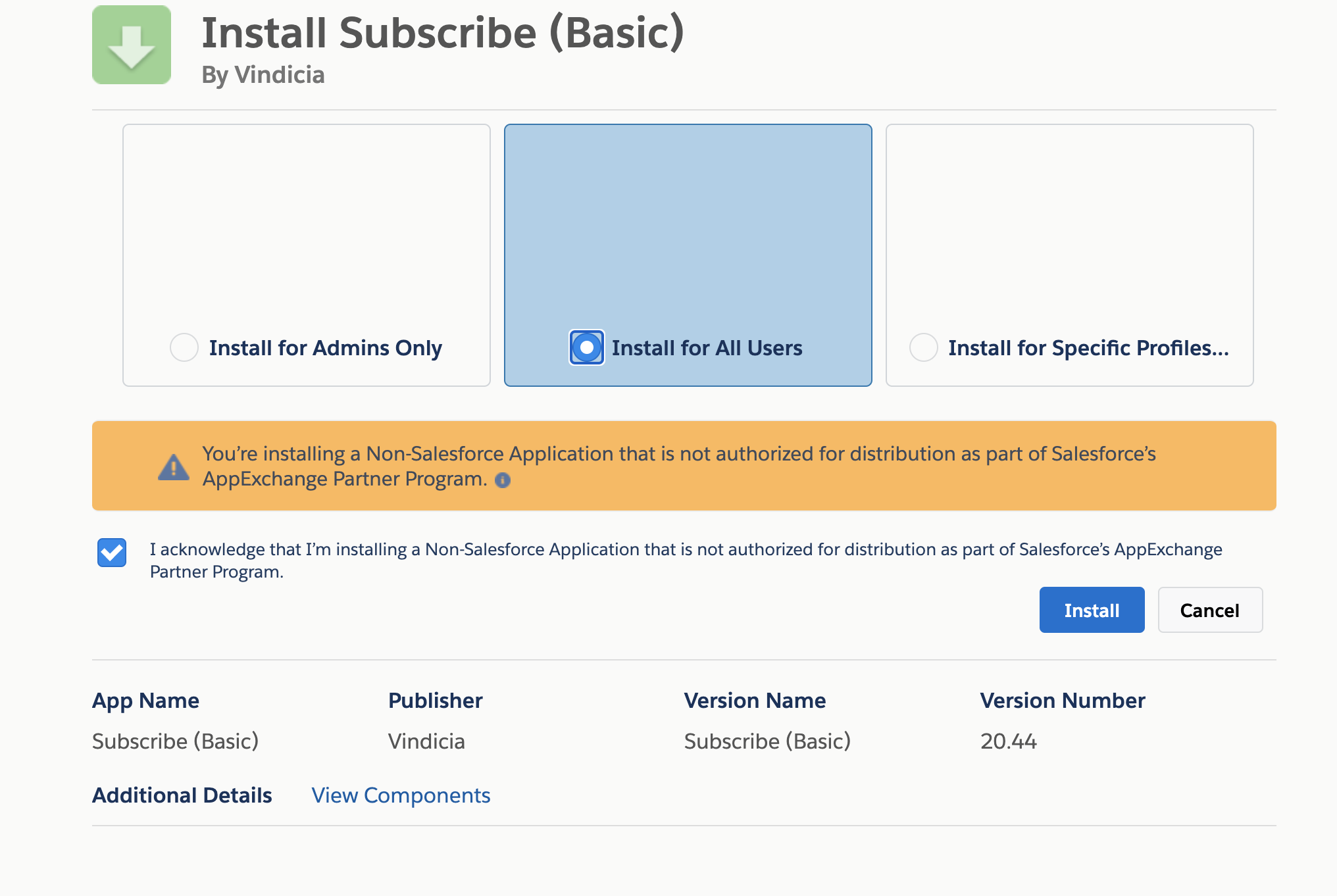 Subscribe (Basic) Install Screen