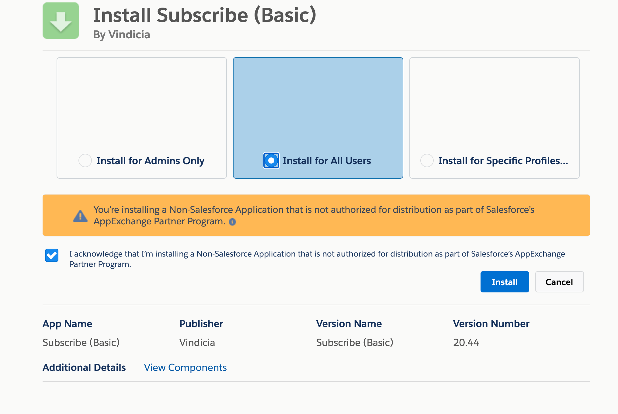 Subscribe (Basic) Install Screen