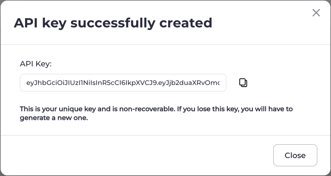 API Key Successfully Created box