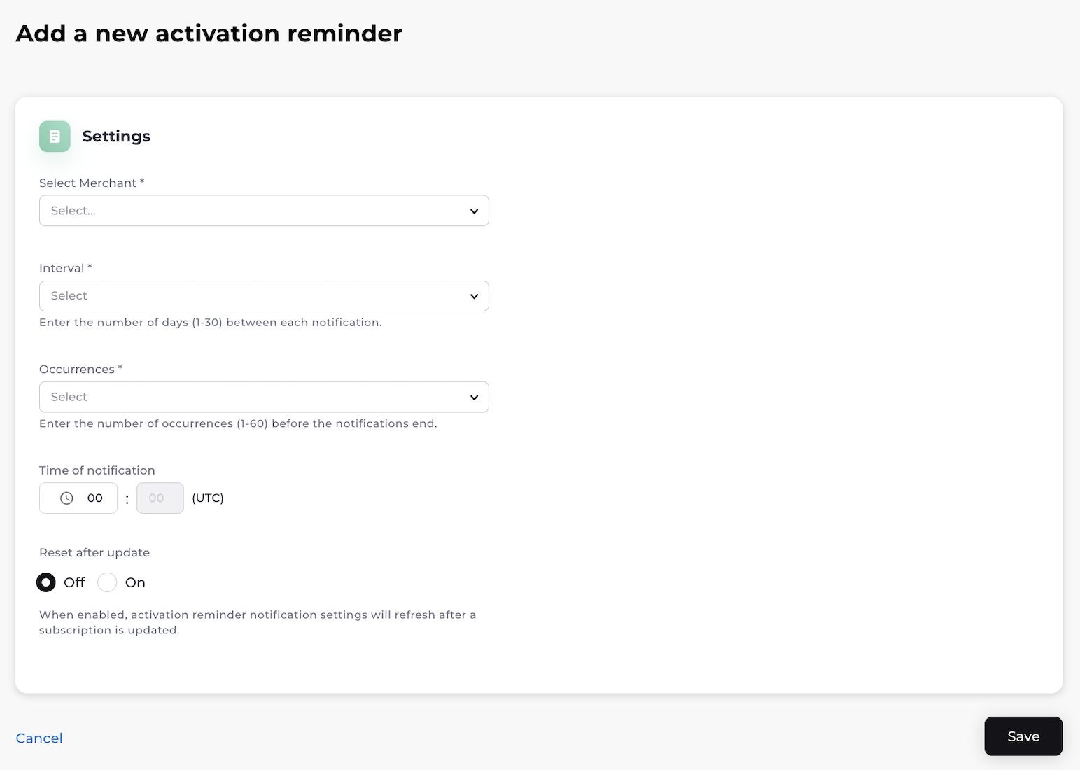 Add a New Activation Reminder box
