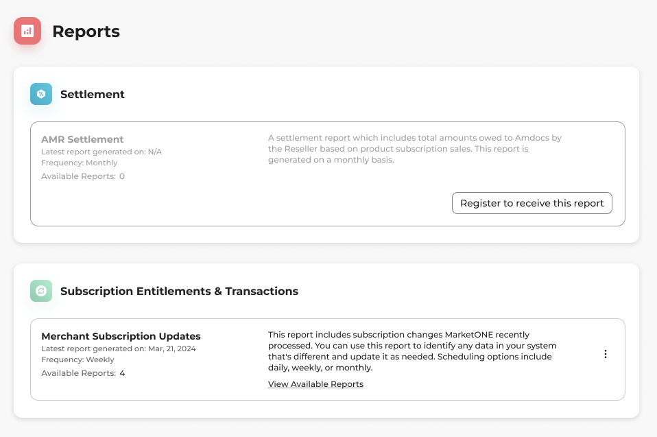 Reports screen after registration