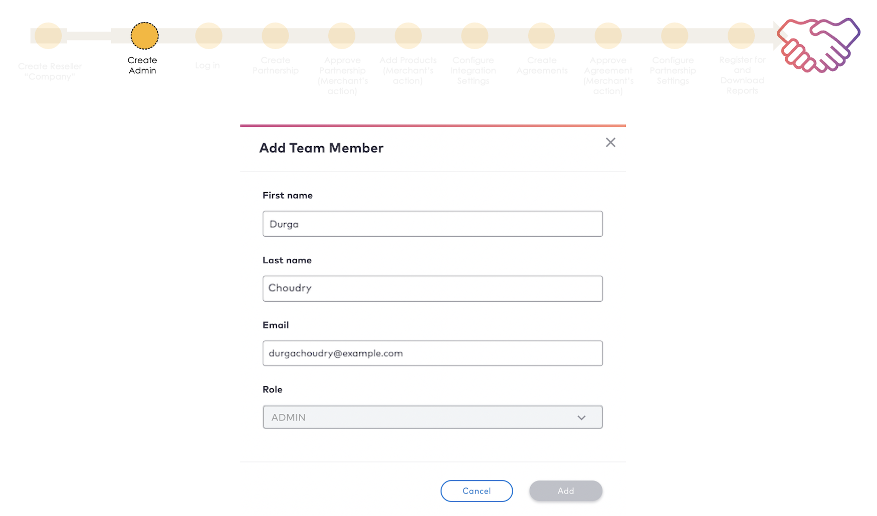 Onboarding steps diagram - Add Team Member dialog