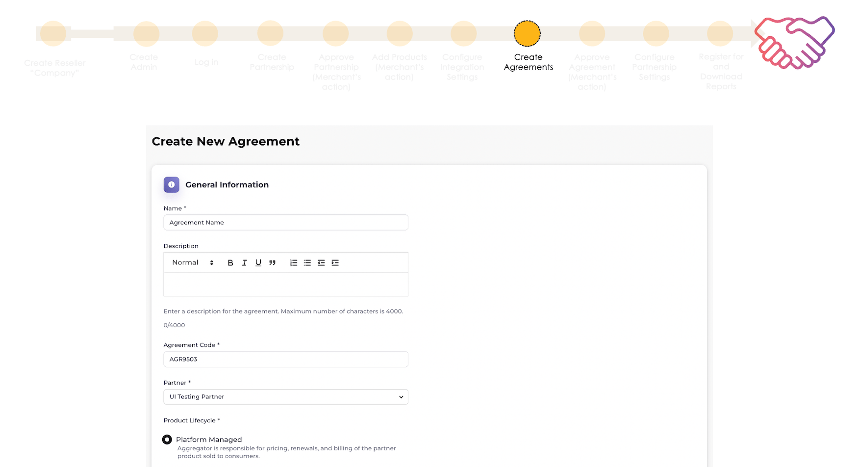 Onboarding steps diagram - Create agreement page