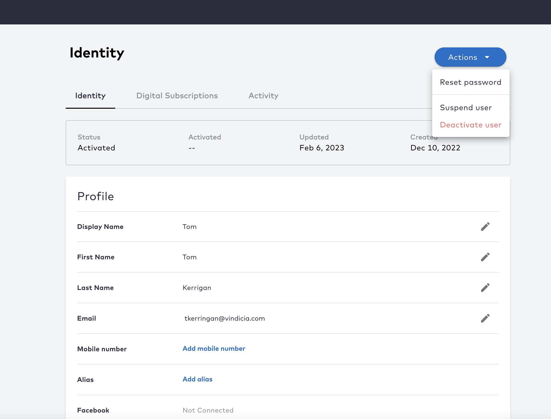 Care Console Identity page example