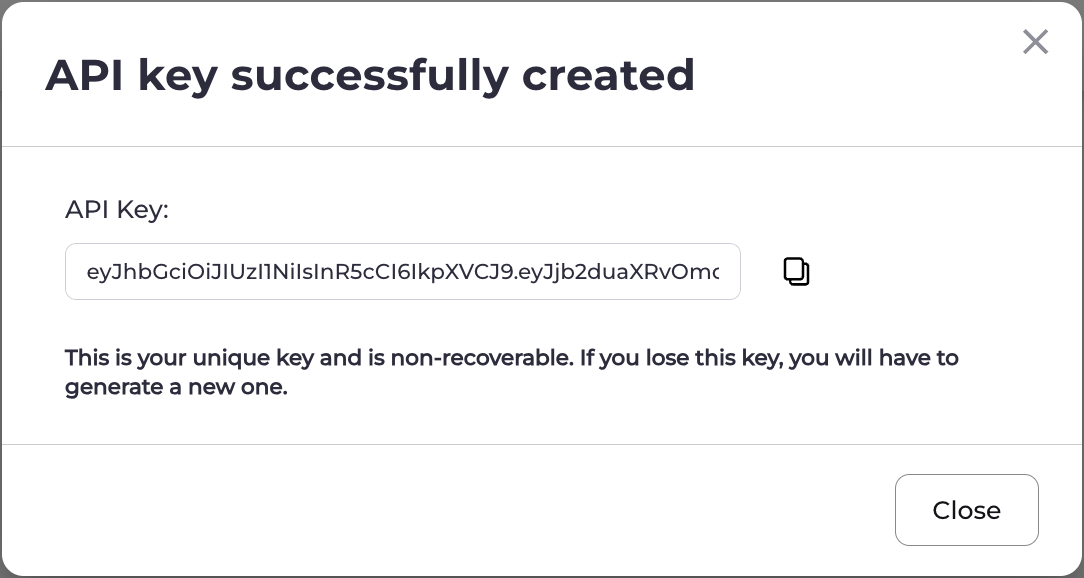 API Key Successfully Created box