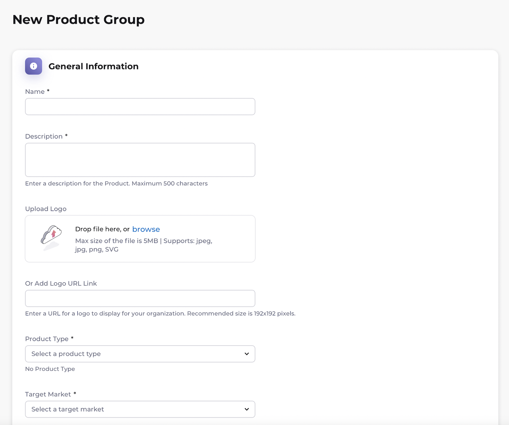 New Product Group page
