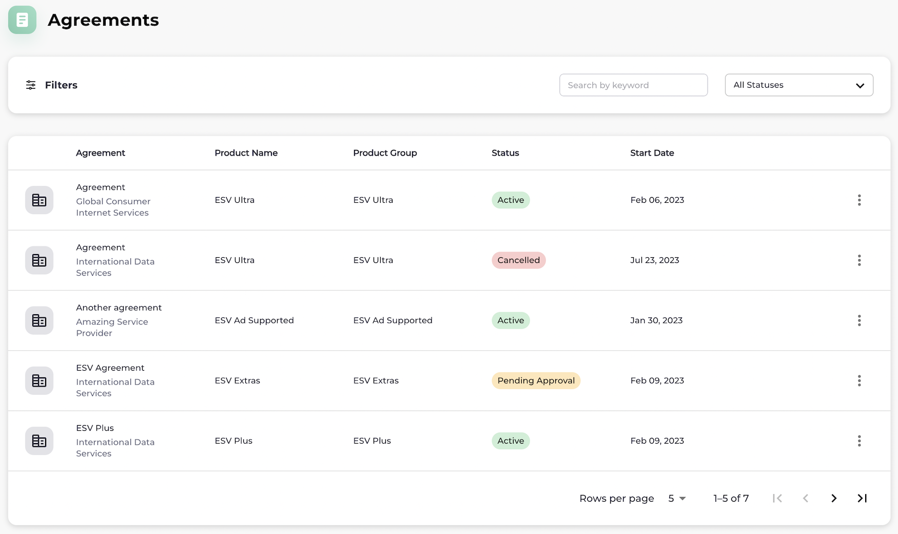 Agreements filter