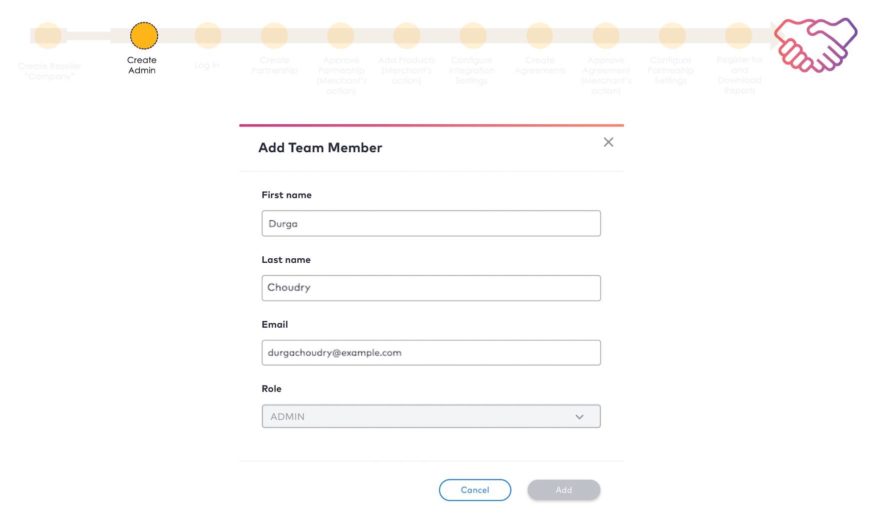 Onboarding steps diagram - Add Team Member dialog