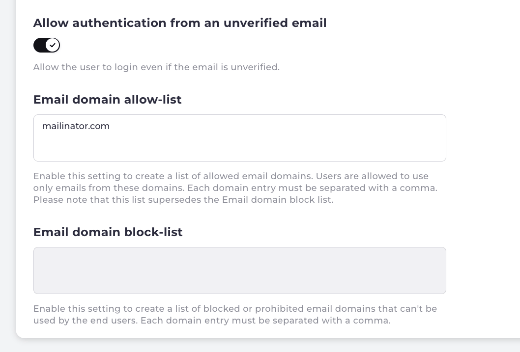 Email domain allow-list and block-list configuration page