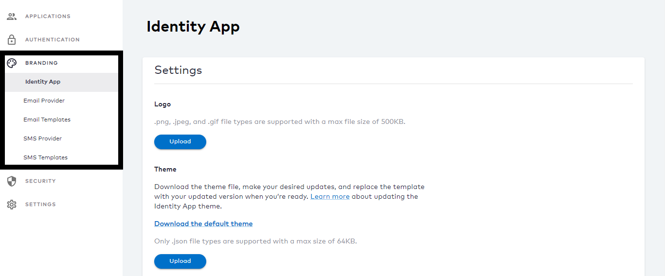 The Admin console Branding menu options