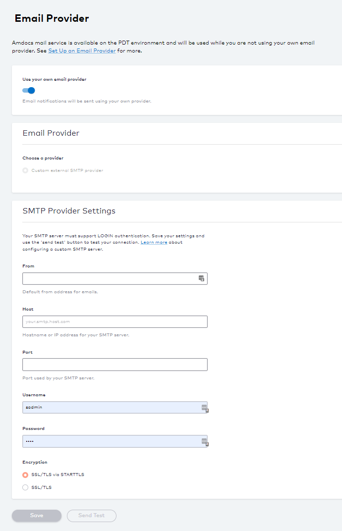Non-production Email Provider SMTP settings page