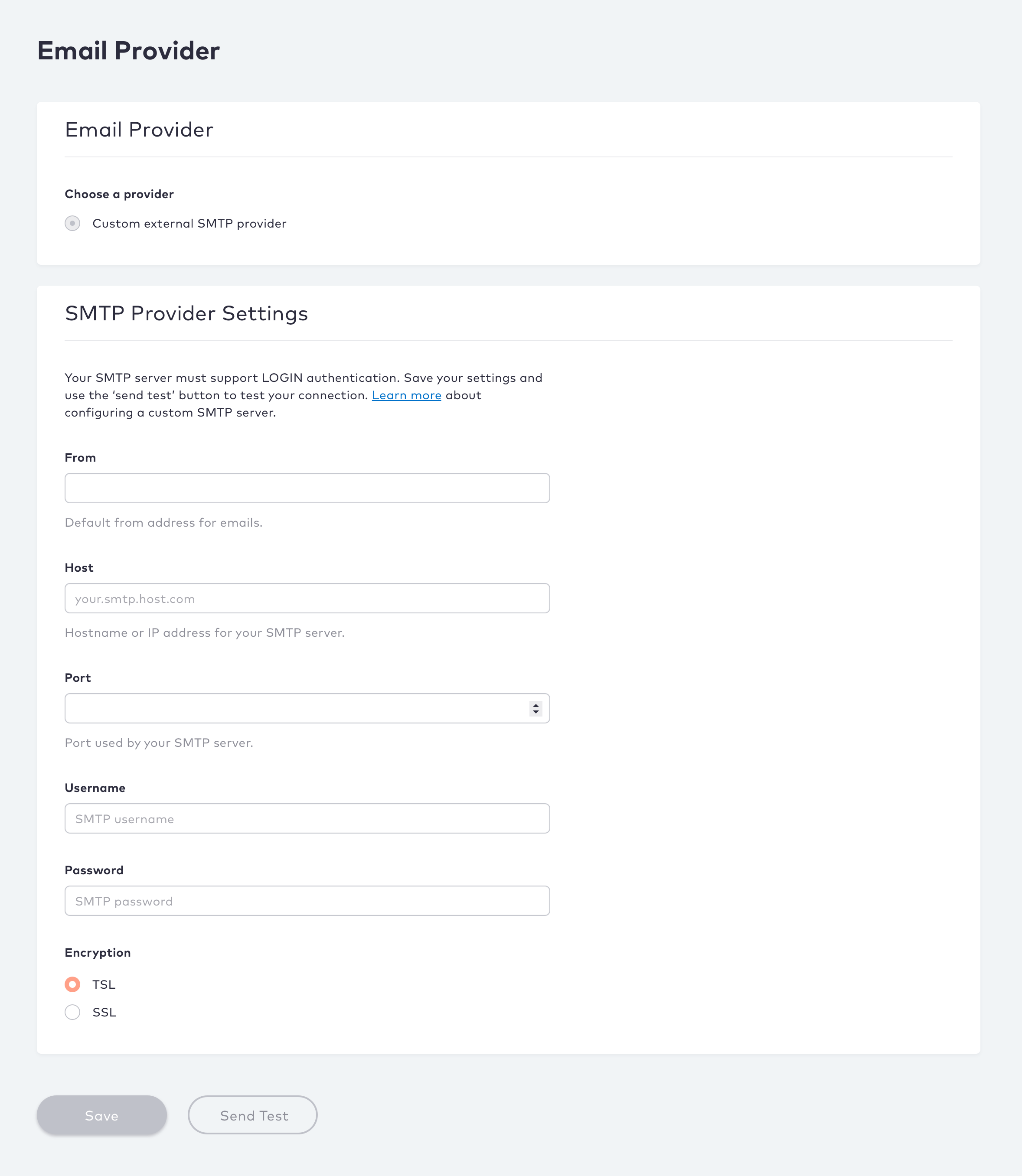 Production environment Email Provider page
