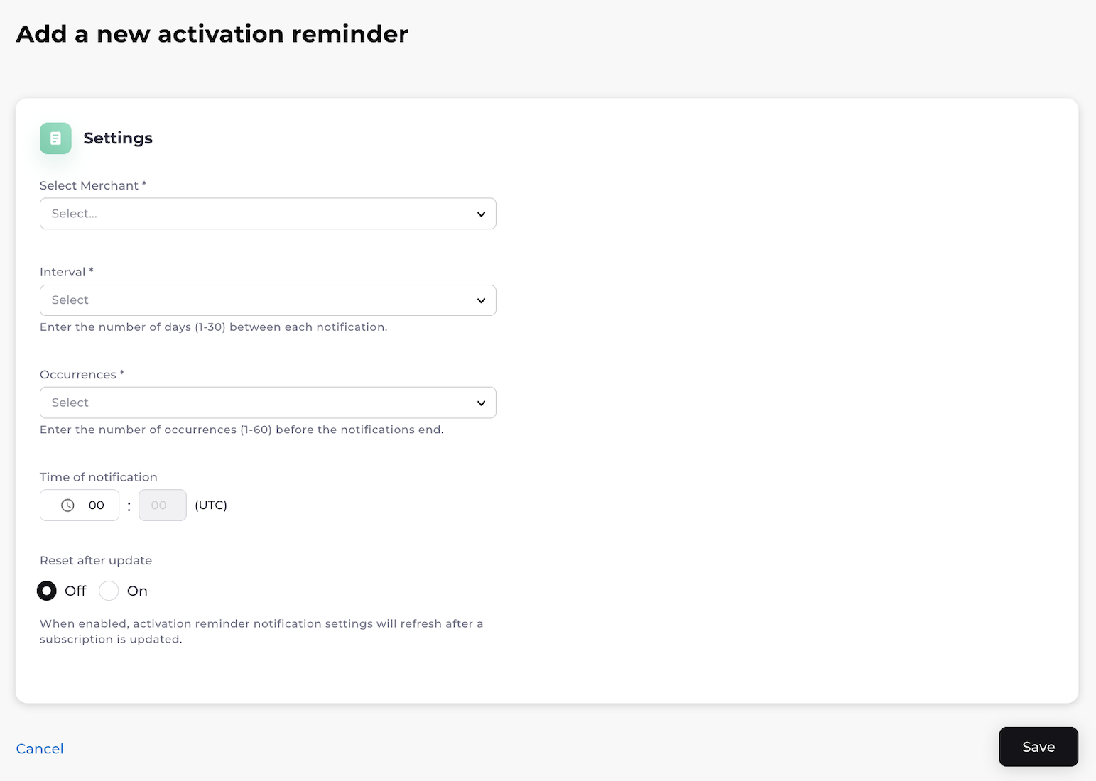 Add a New Activation Reminder box