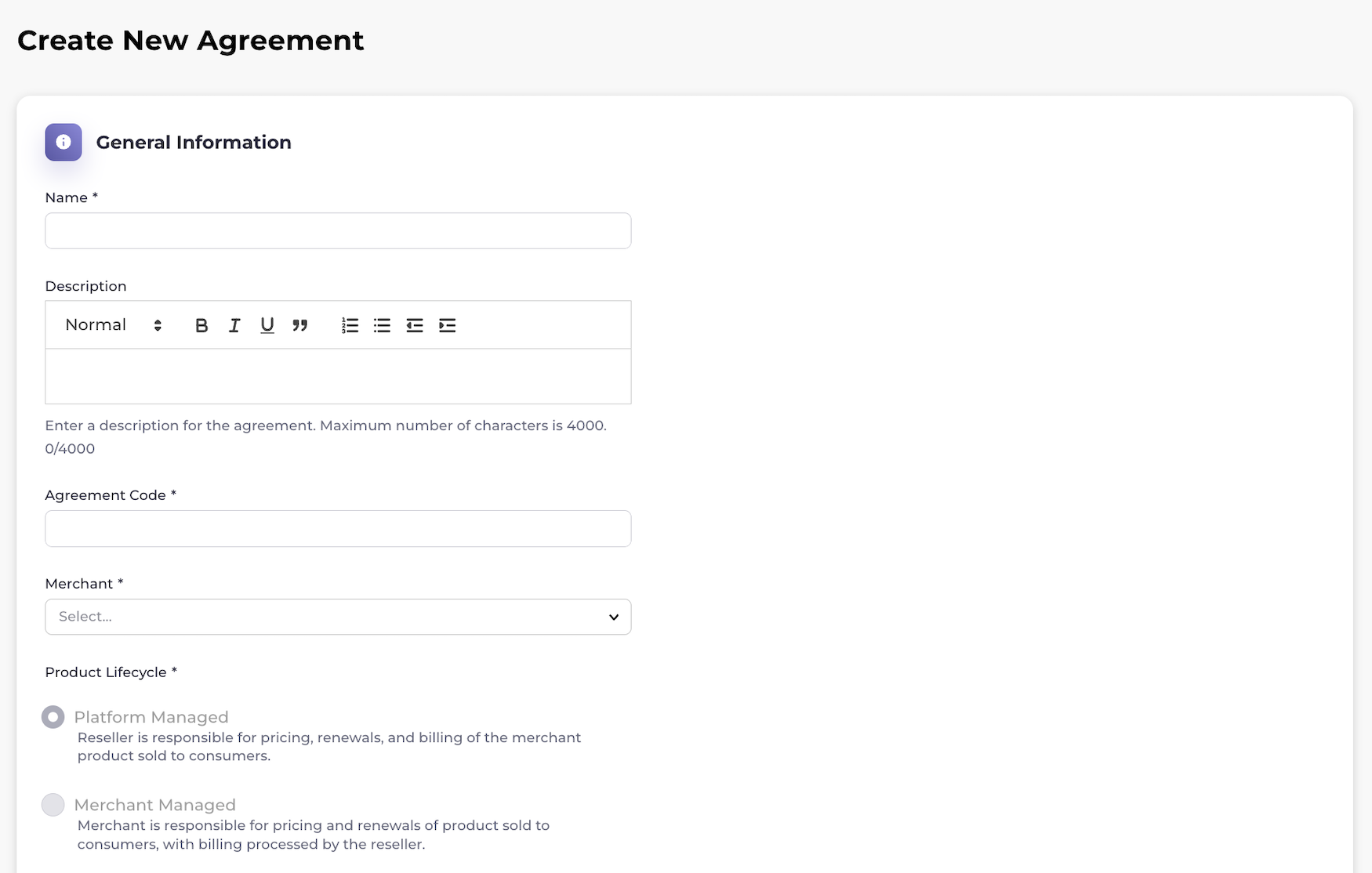 Create New Agreement page