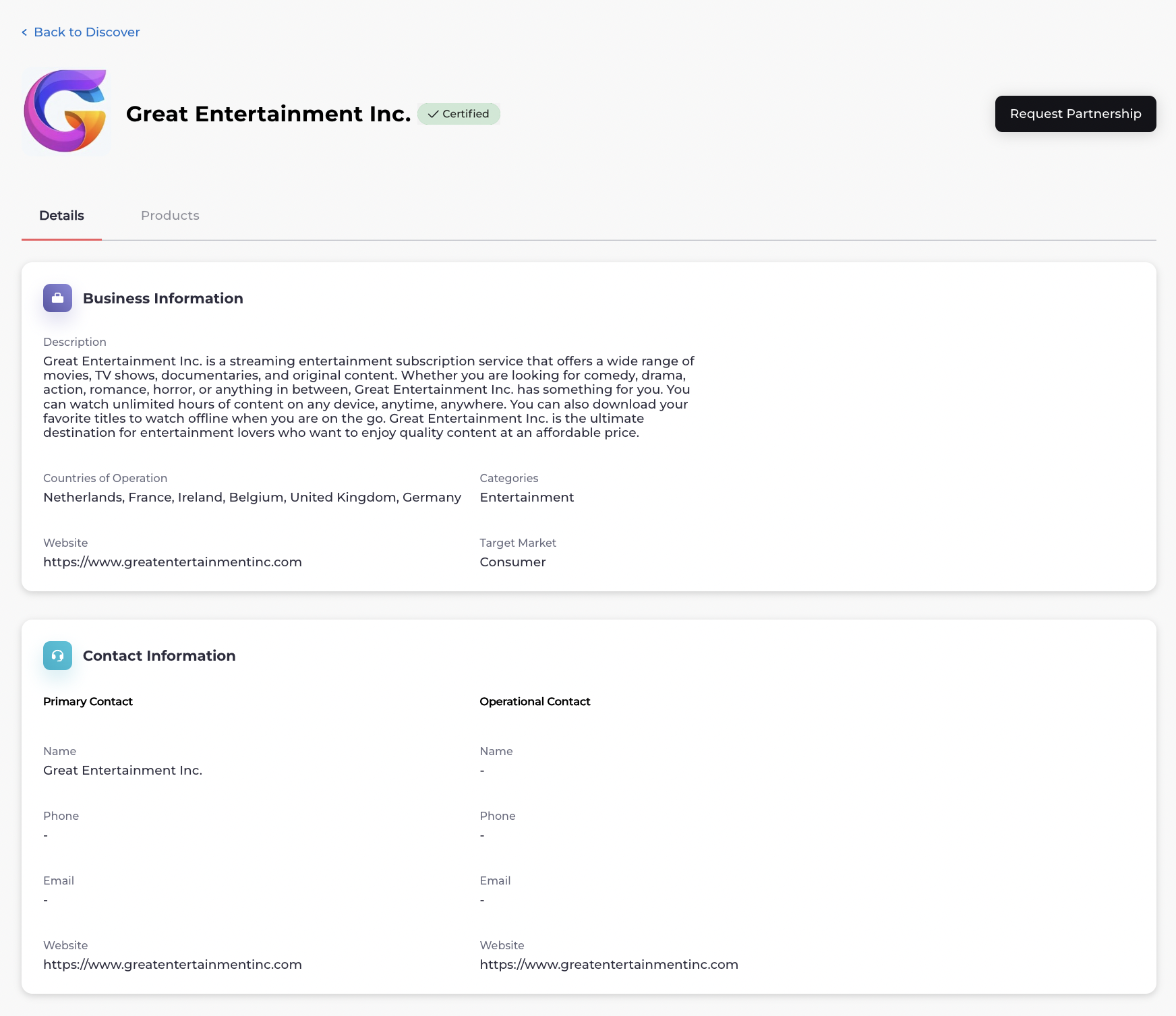 Merchant Details page