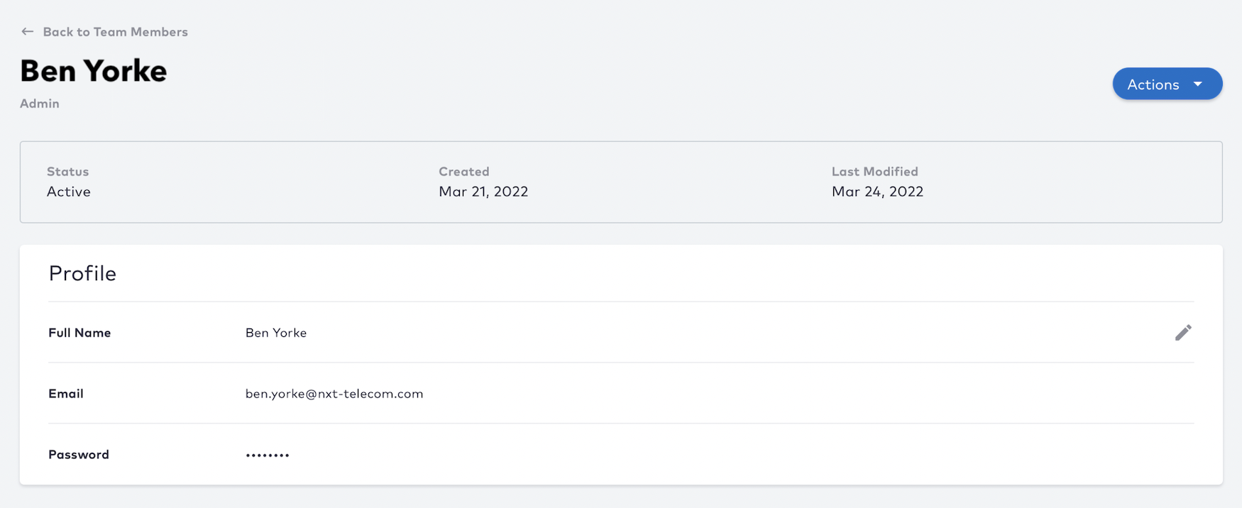 Team Member's Profile with Actions button