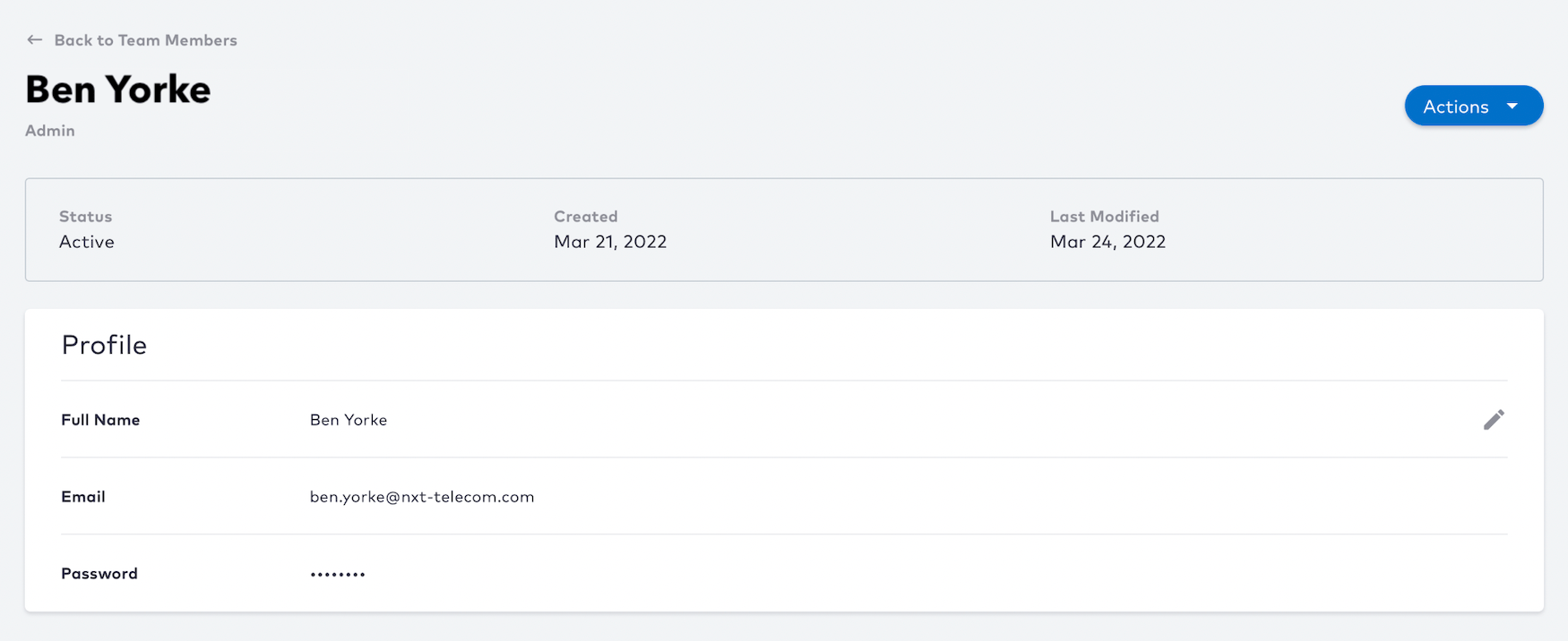 Team Member's Profile with Actions button