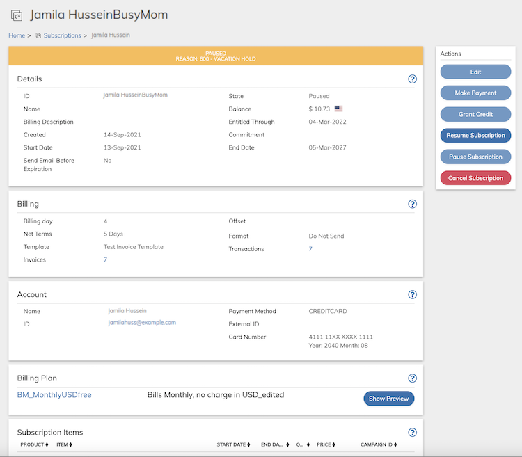 Action Panel - Resume Subscription Button