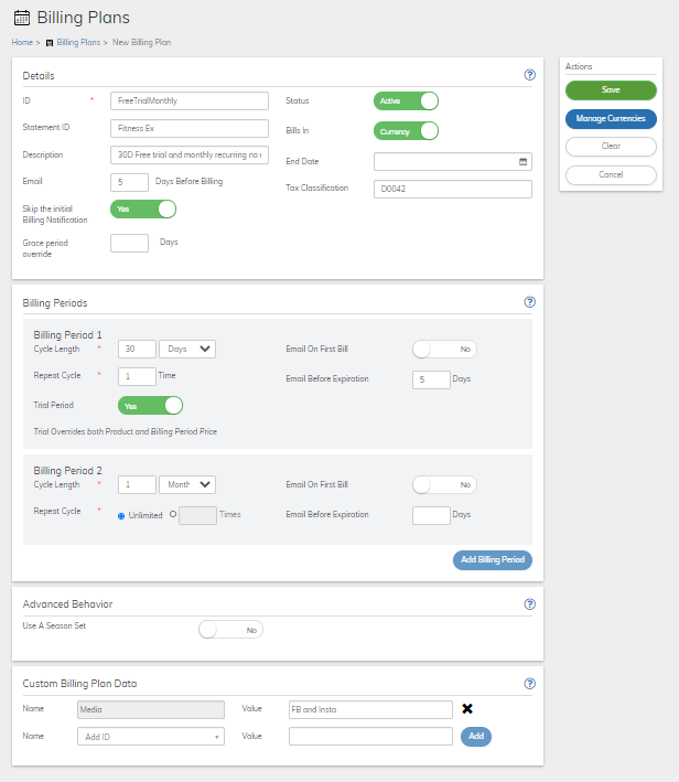 Free Trial Monthly Recurring Billing Plan Example