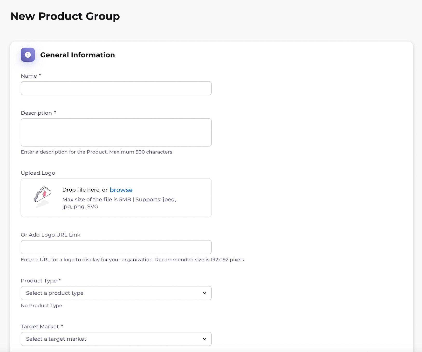 New Product Group page