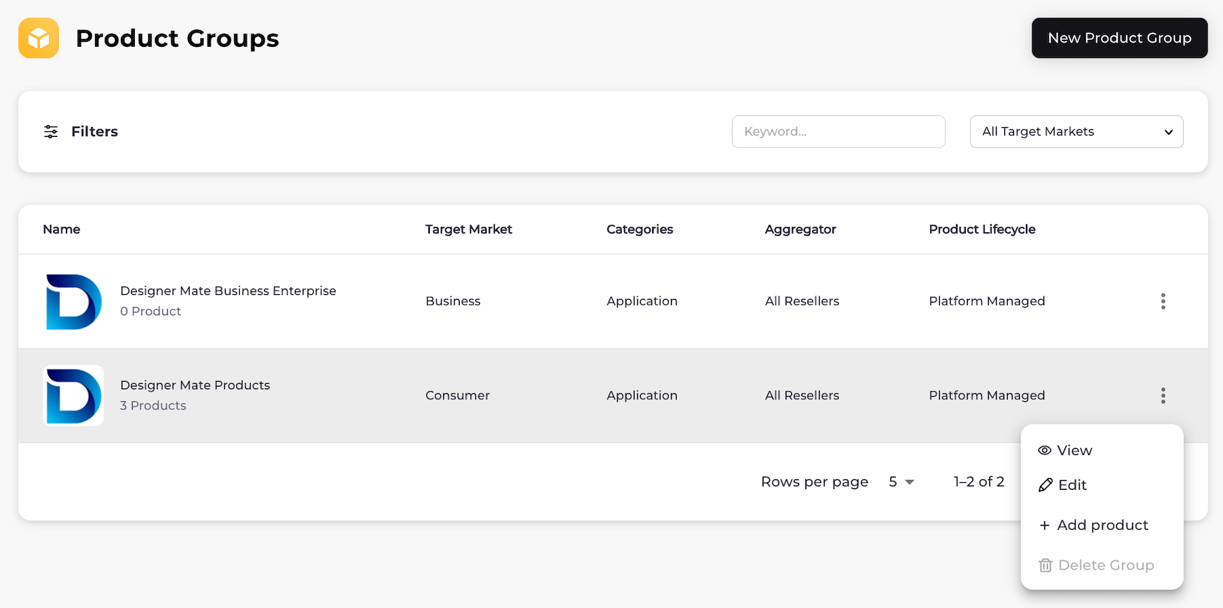 Product Groups page with menu selected to edit a product group