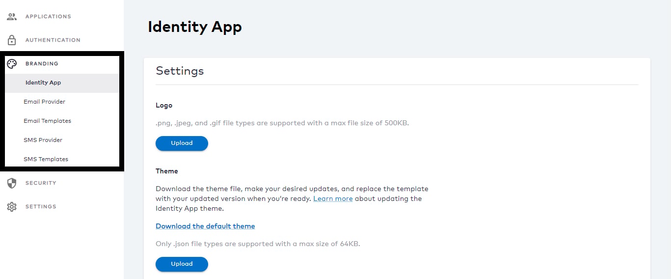 The Admin console Branding menu options