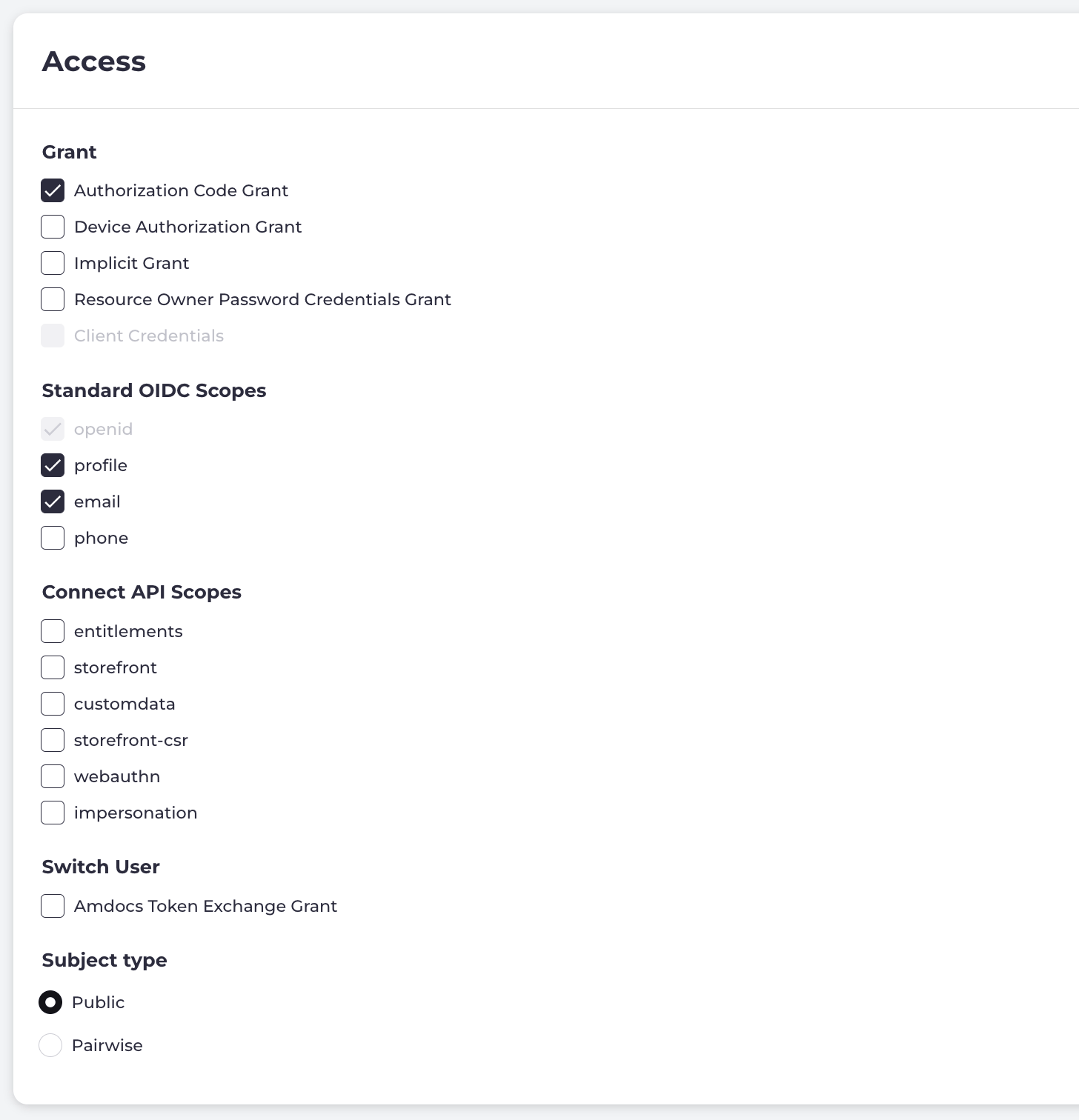 OIDC Scopes and Grants Access Page