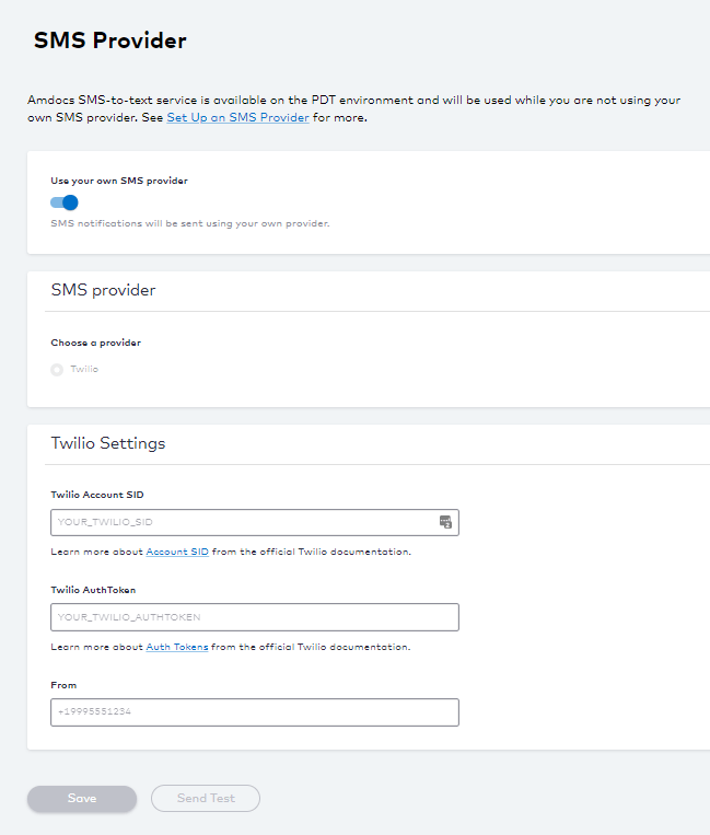 SMS Provider settings configuration page