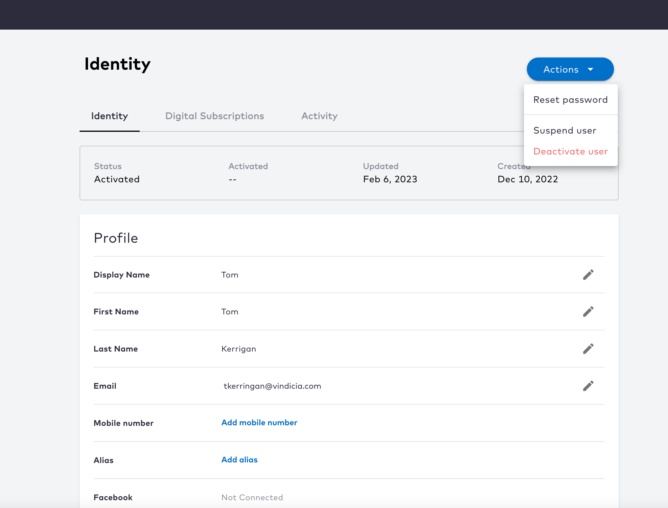 Care Console Identity page example