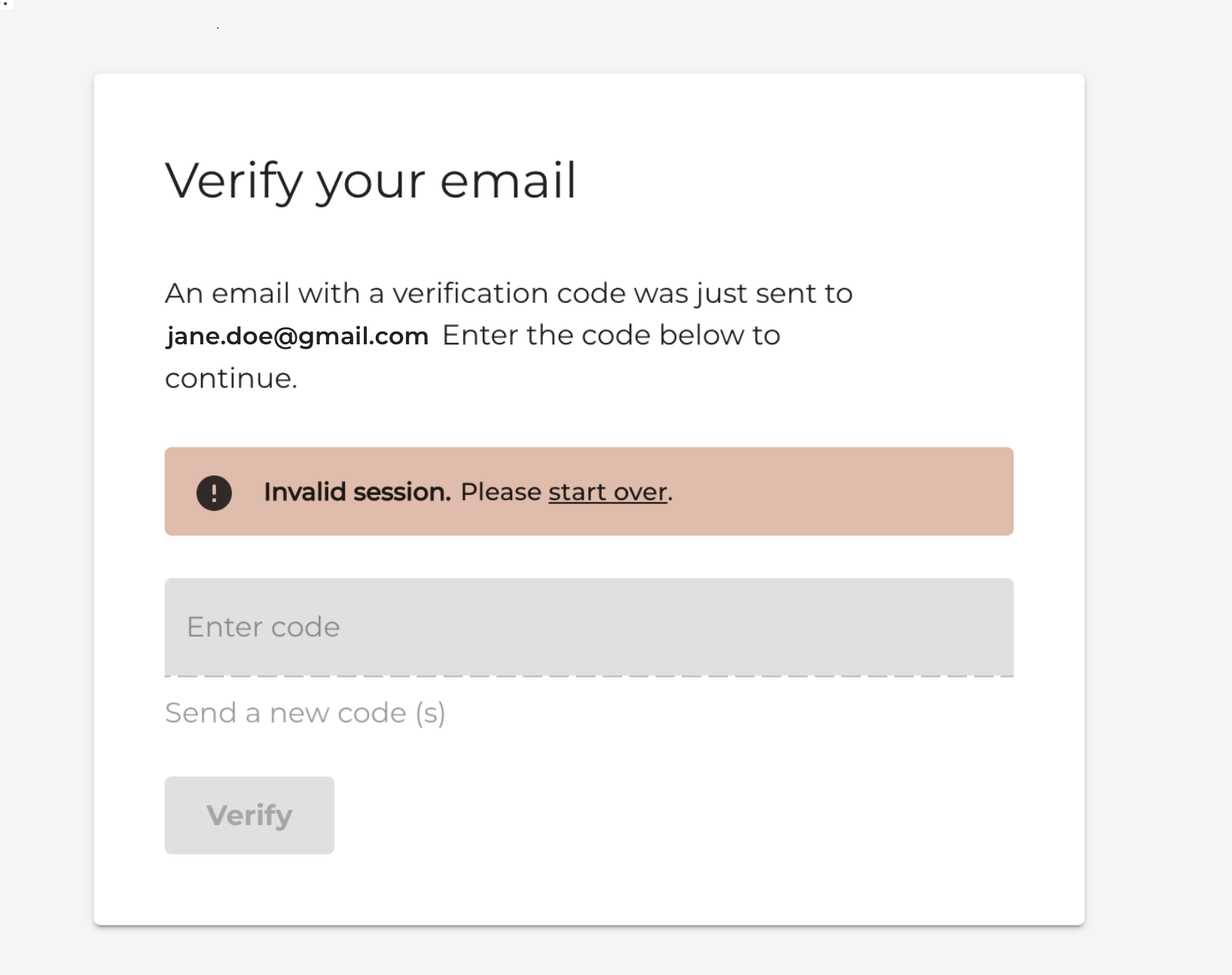 Invalid session error message