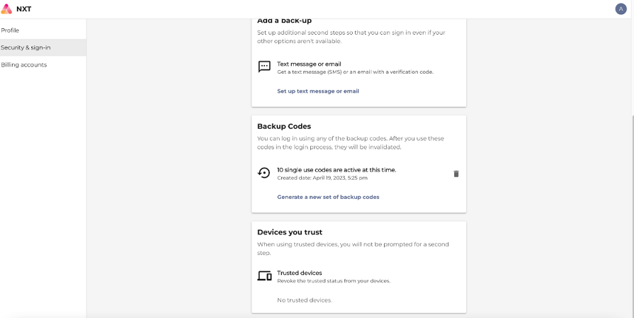 Active backup code summary page