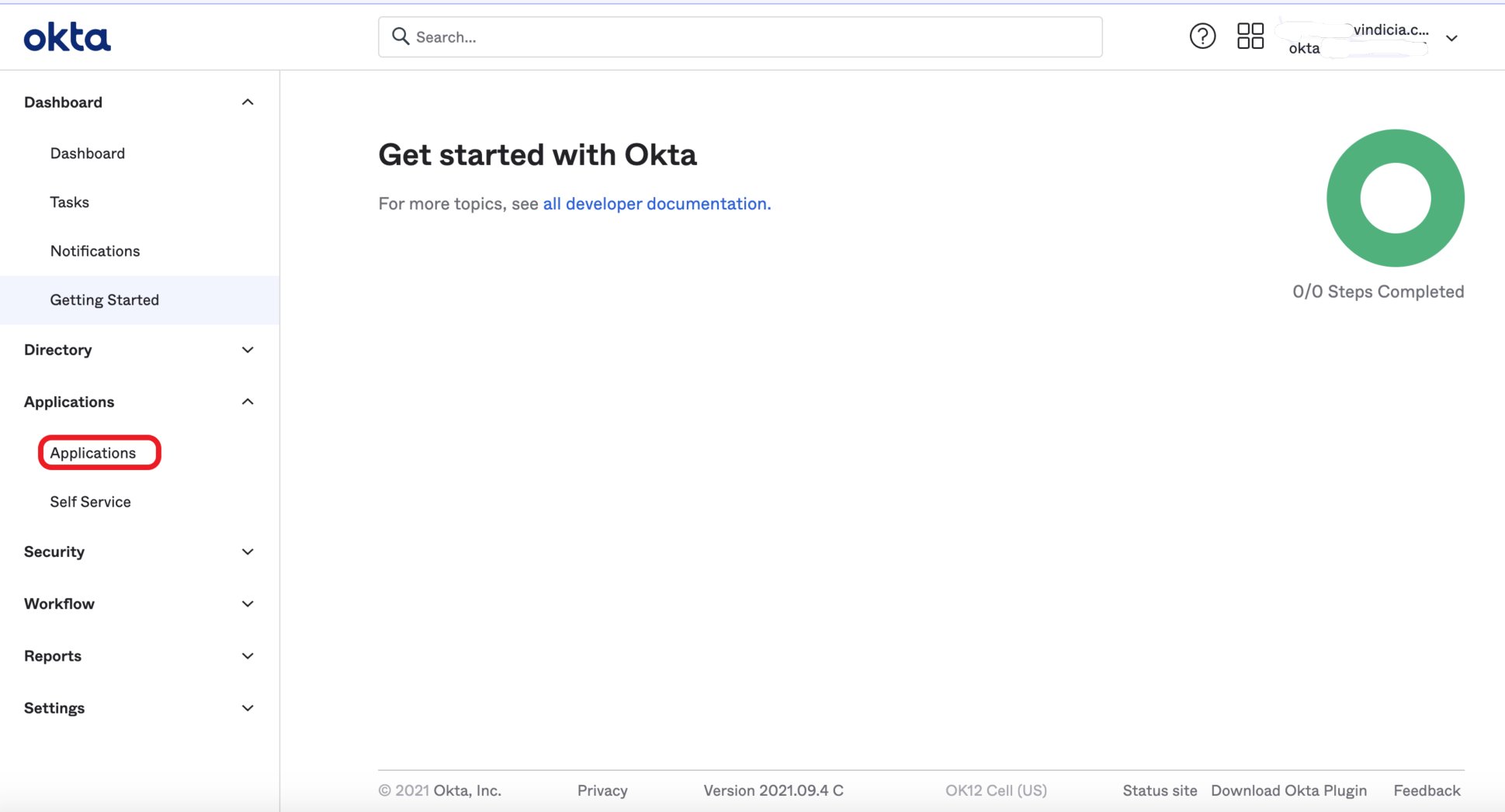 Applications page in Okta