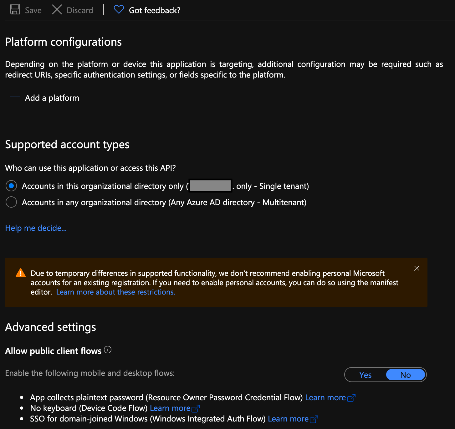 Authentication page in Azure