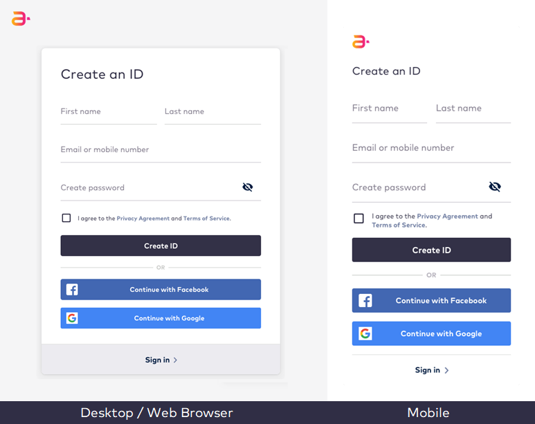 Responsive views of the Identity app on desktop and mobile browsers