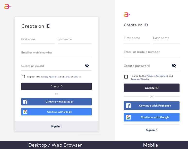 Responsive views of the Identity app on desktop and mobile browsers