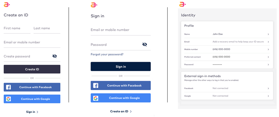 Create ID, Sign-in, and Identity Profile Pages