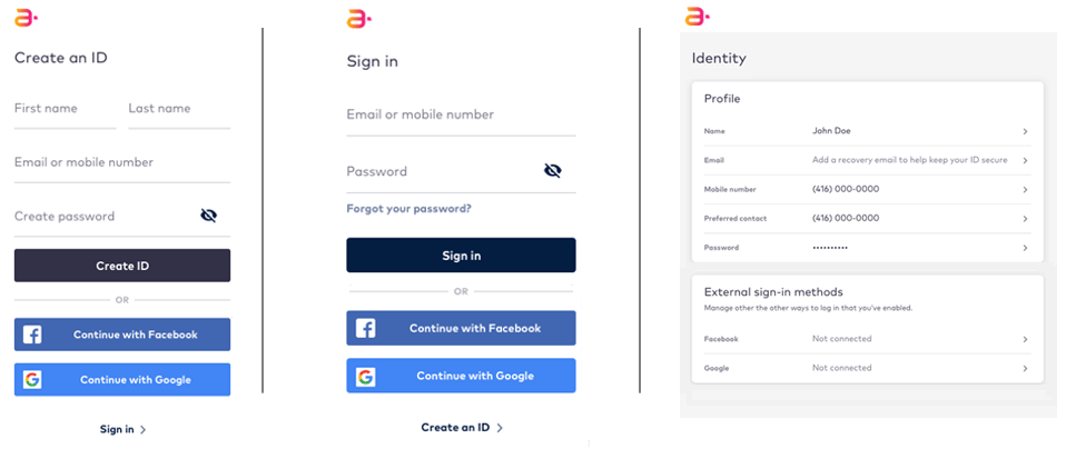 Create ID, Sign-in, and Identity Profile Pages