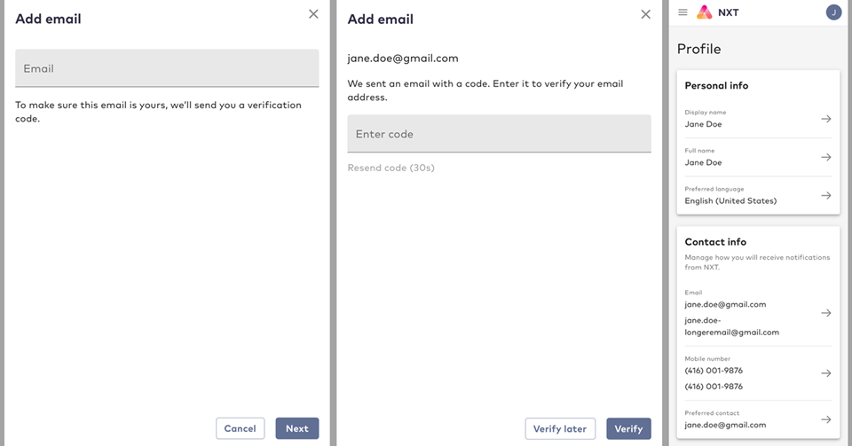 Support for additional email address and mobile number in the end user's profile