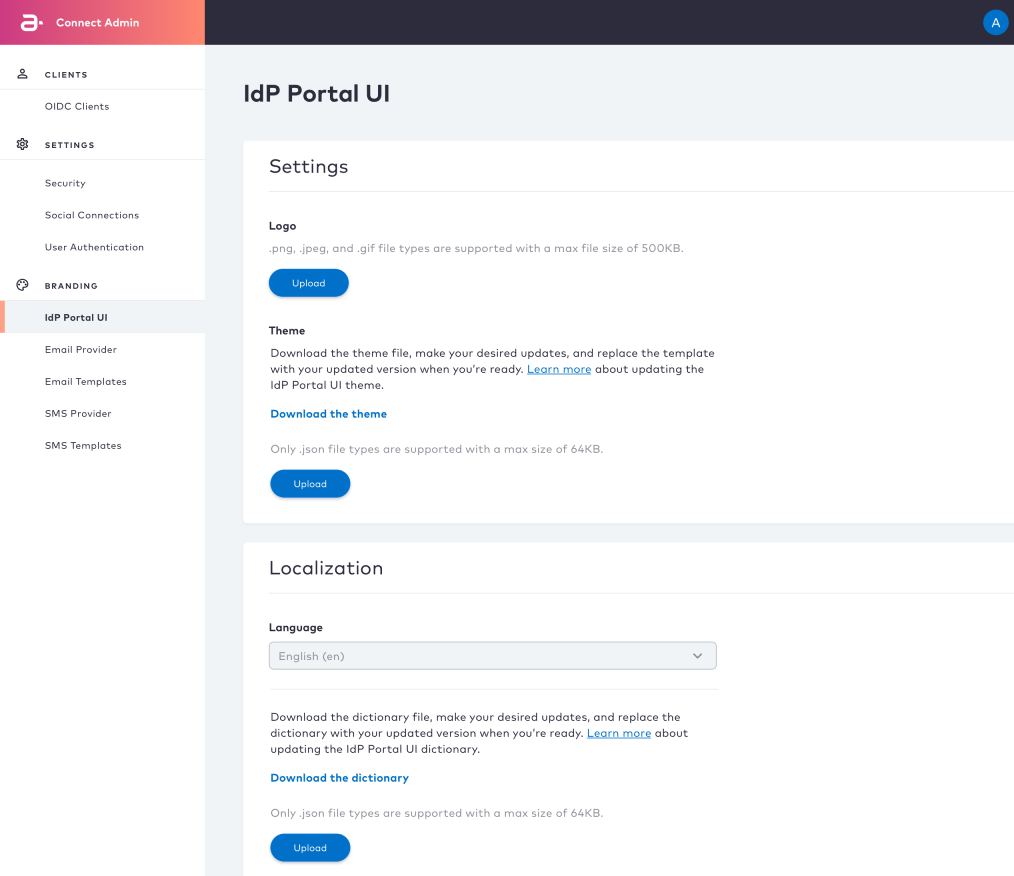 Connect Theme Management - IDP Portal UI Page