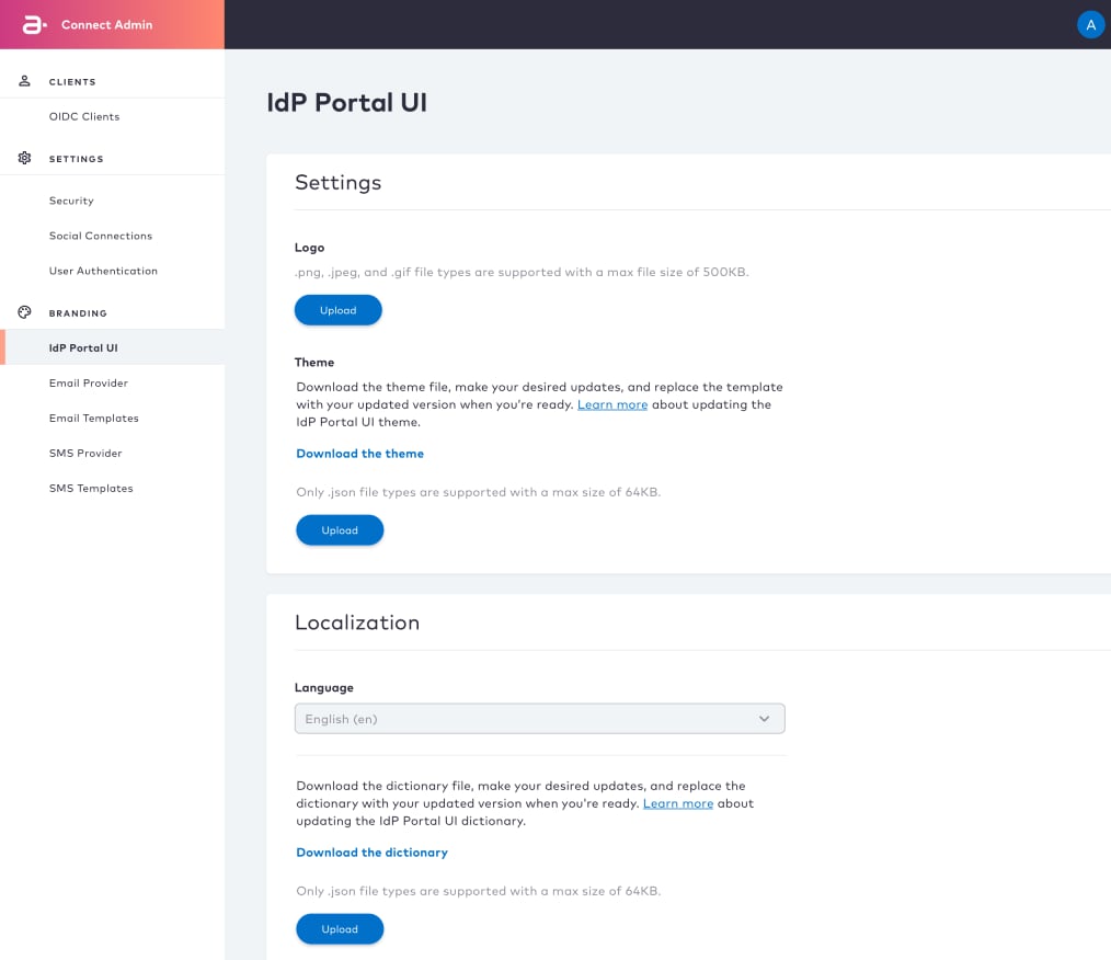 Connect Theme Management - IDP Portal UI Page