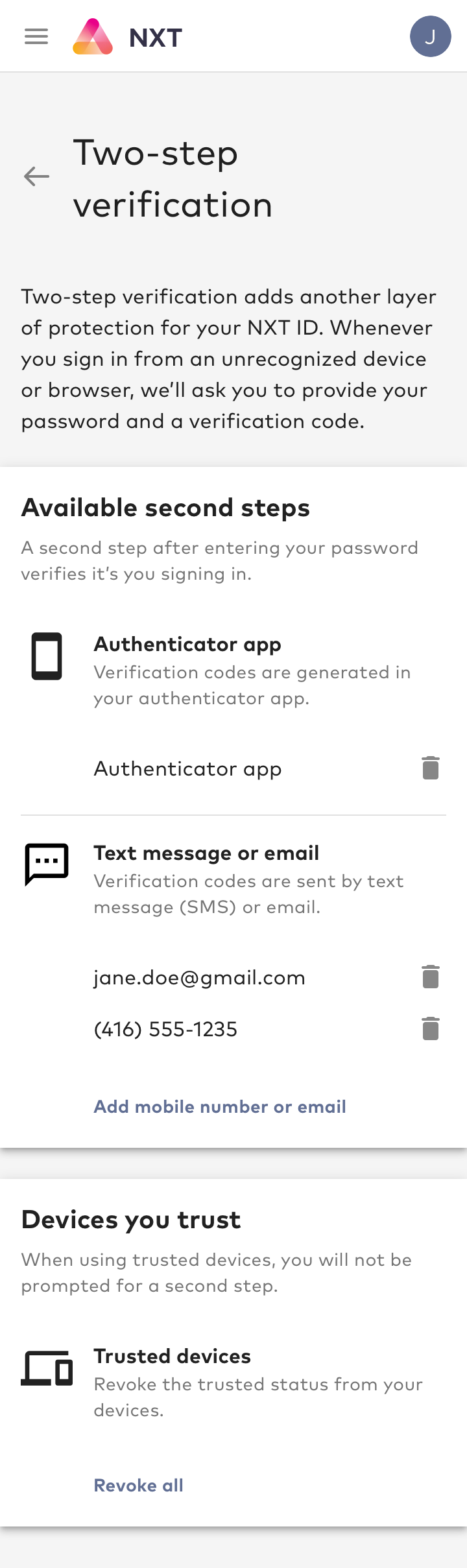 Connect IdP UI Example screen for MFA. Authenticator App, Email address, or Mobile Number can be entered. A trusted device can be revoked