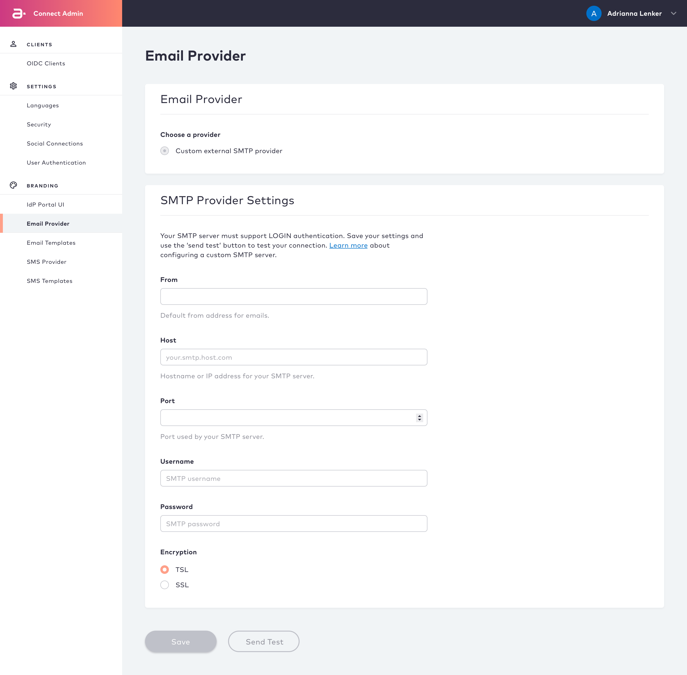 Connect Email Provider Page - SMTP Settings