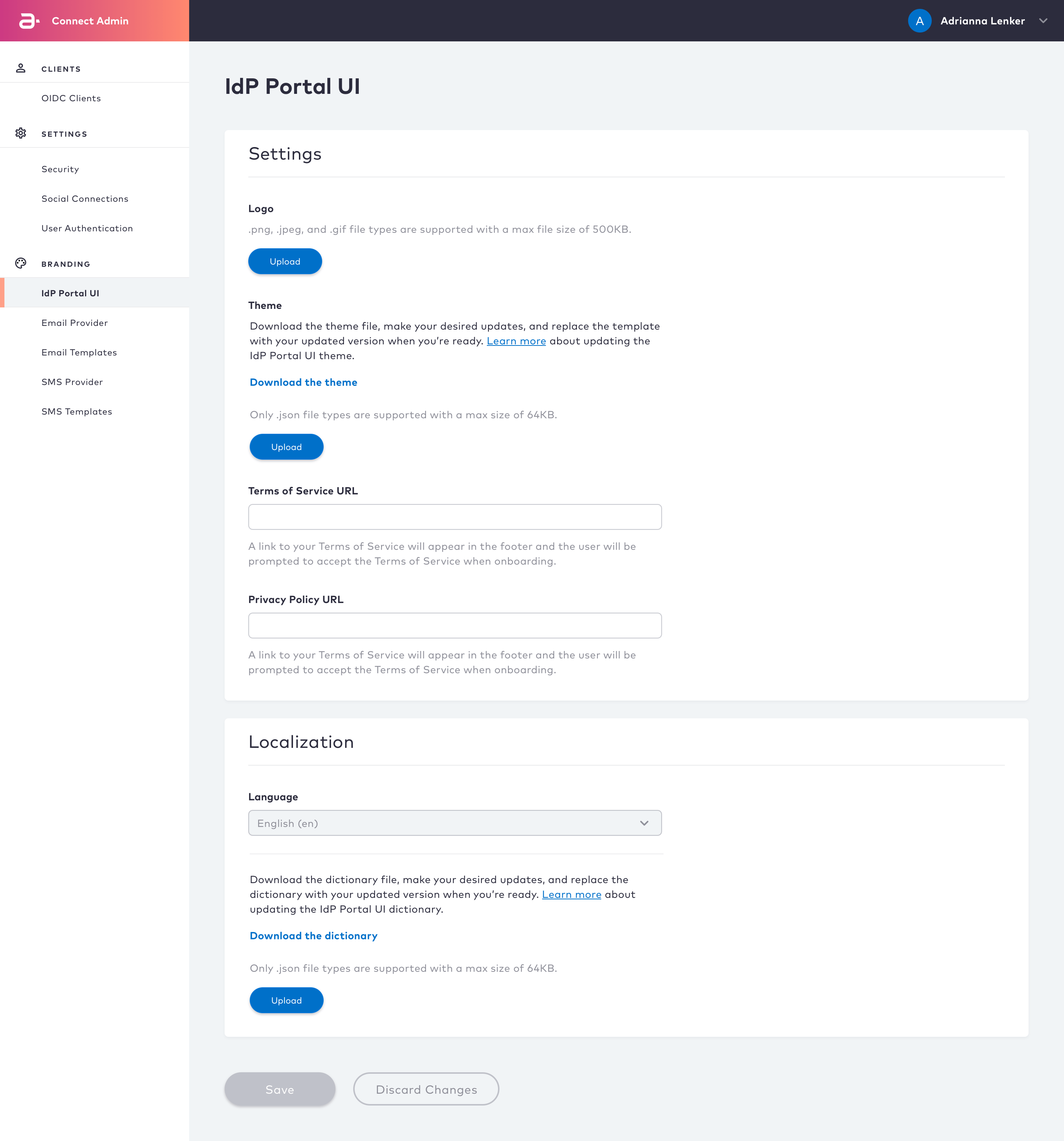 Connect Admin App IDP Portal UI Page