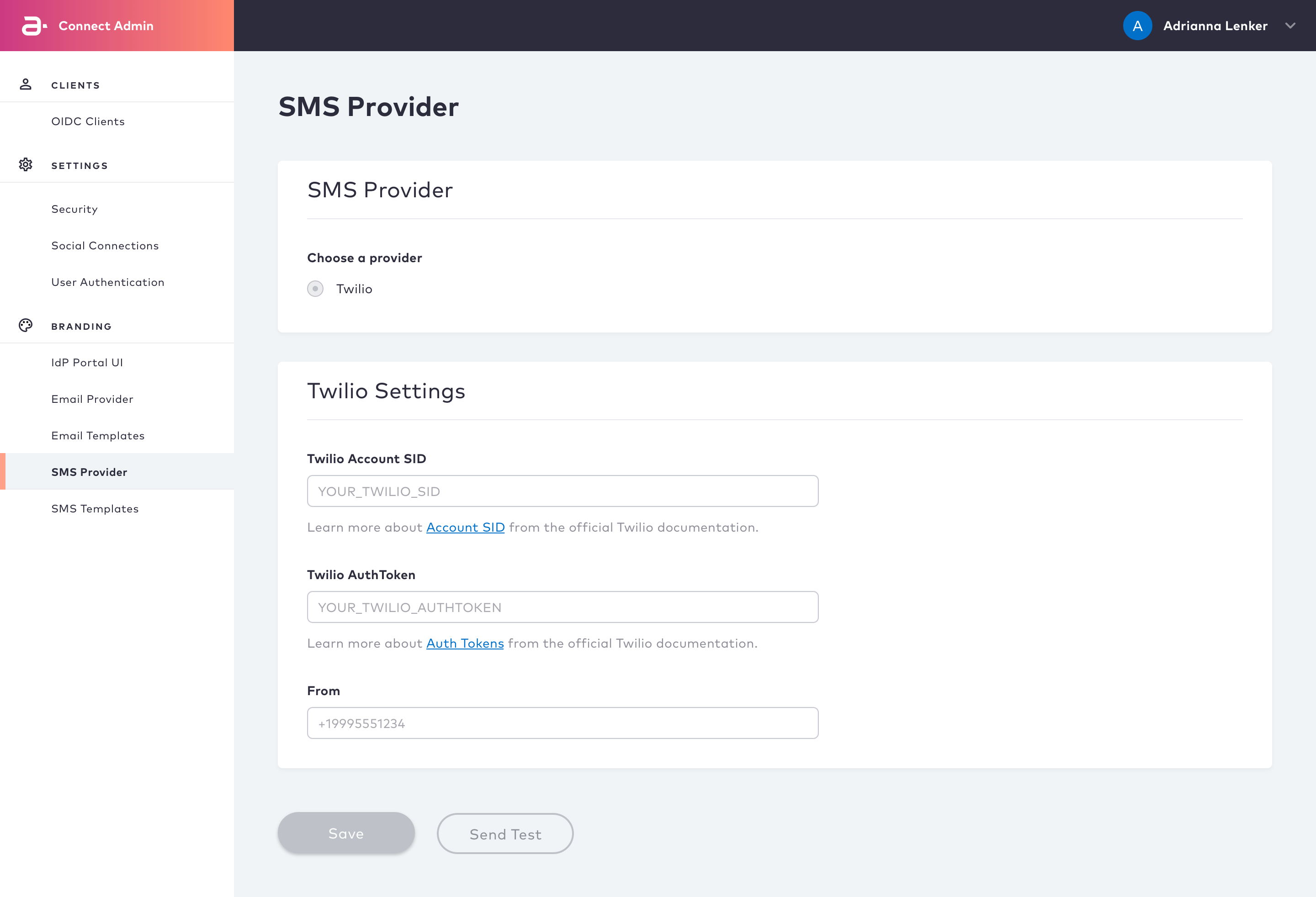 Production SMS Provider page