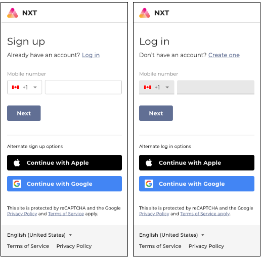 Mobile view of Sign up and Log in pages with country code entry using a mobile number